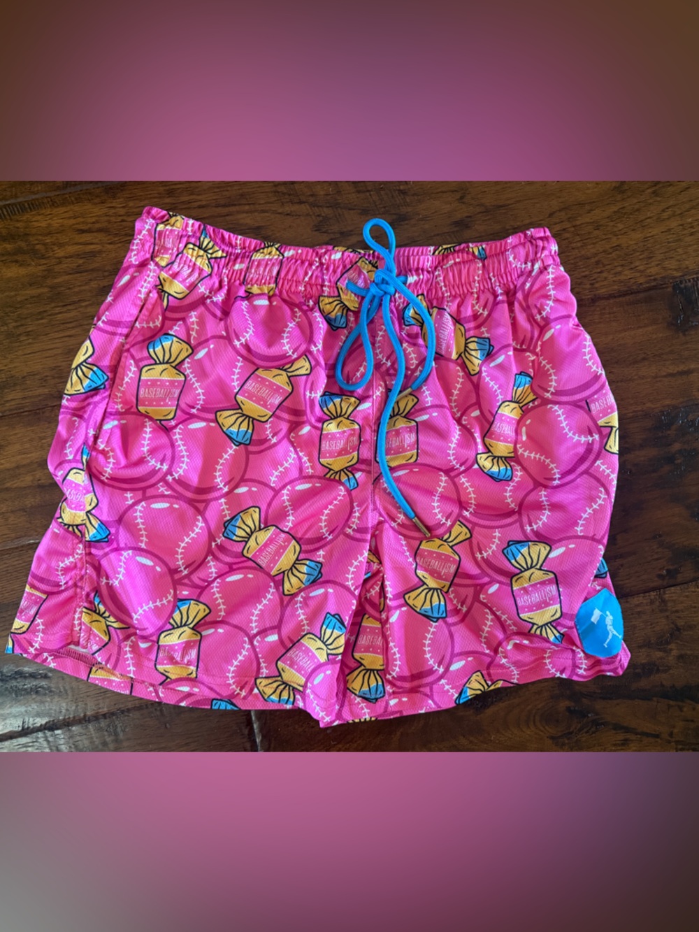 Baseball idk Kids Bright Pink Bubble Gum Shorts with Blue Drawstring